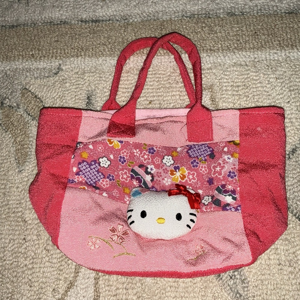 Hello Kitty Japanese Chirimen Small Bag 6.6" x 7.8" Rayon Haro Saisai Pink Asian